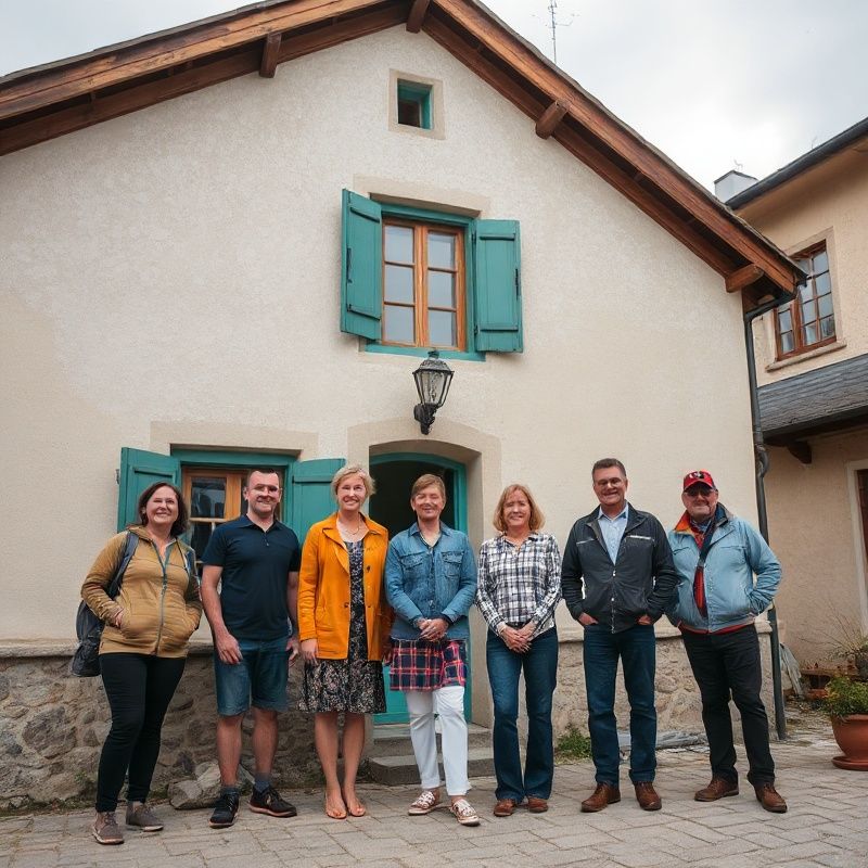 Skupinska fotografija manjše slovenske ekipe pred stavbo s teal poudarki v Ptuju