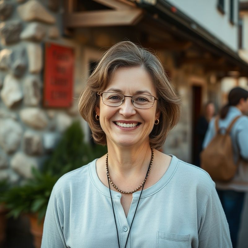 Portret nasmejane Slovenke srednjih let na prostem v Ptuju